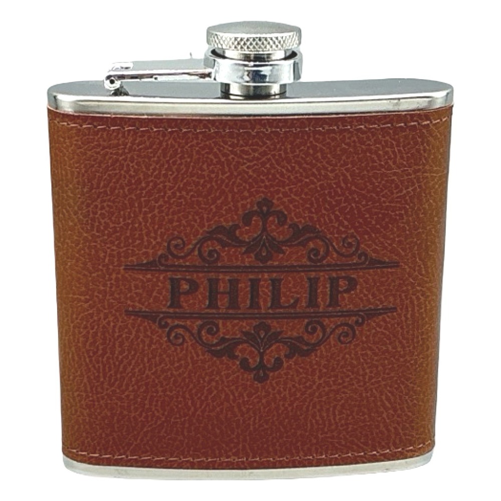 Personalized Philip "Phil" 6oz Stainless Steel Hip Flask Brown Faux Leather Wrap